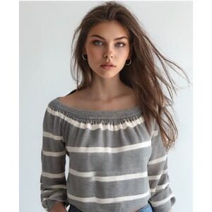 Chaser Stripe Top Sweater Size Med Wear On-Off Shoulder Balloon Sleeve Grey NWT